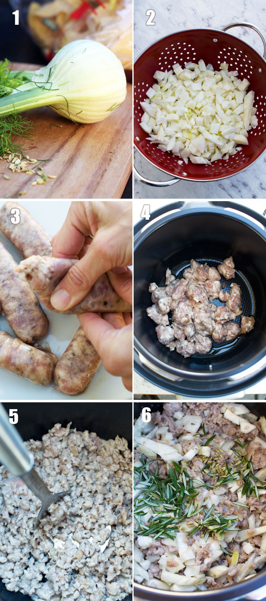 6 images showing how to make a sausage and fennel ragu for a pasta dish