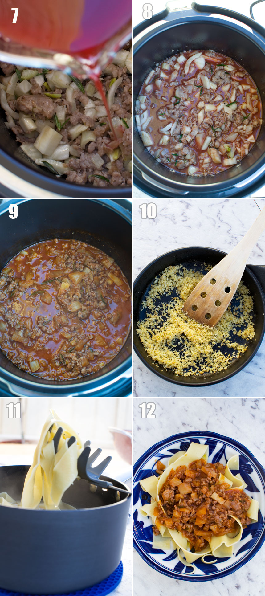 A collage of 6 images showing how to make sausage ragu sauce for a pappardelle pasta dish