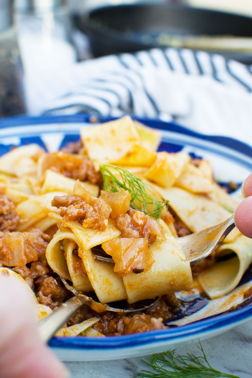 A closeup of 6-ingredient sausage ragu and pasta