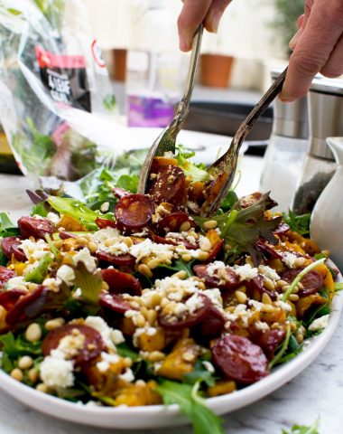 Warm roasted butternut squash, chorizo and feta salad
