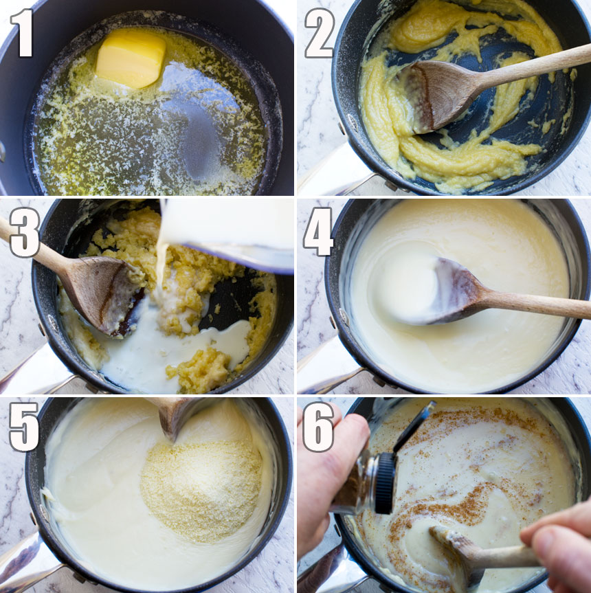 A series of 6 images shwowing how to make bechamel sauce for moussaka