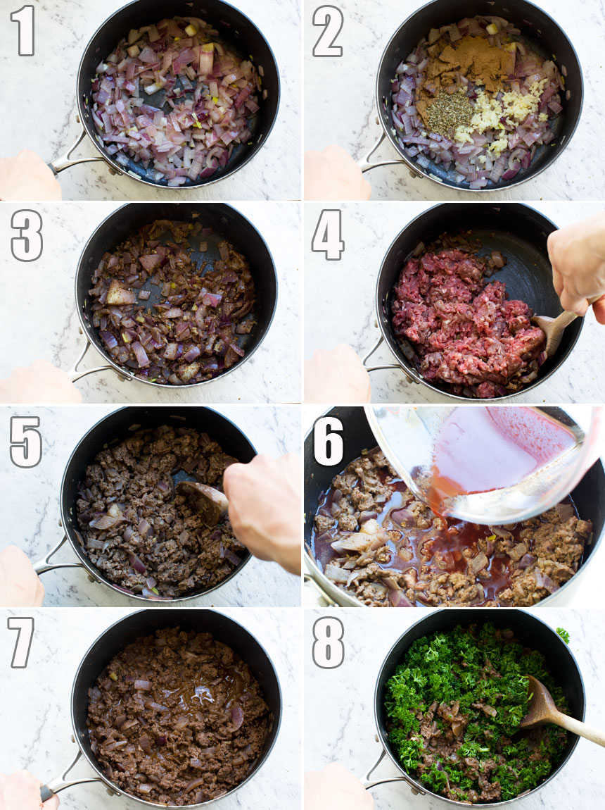 A series of 6 images showing how to make Greek bolognese sauce for moussaka