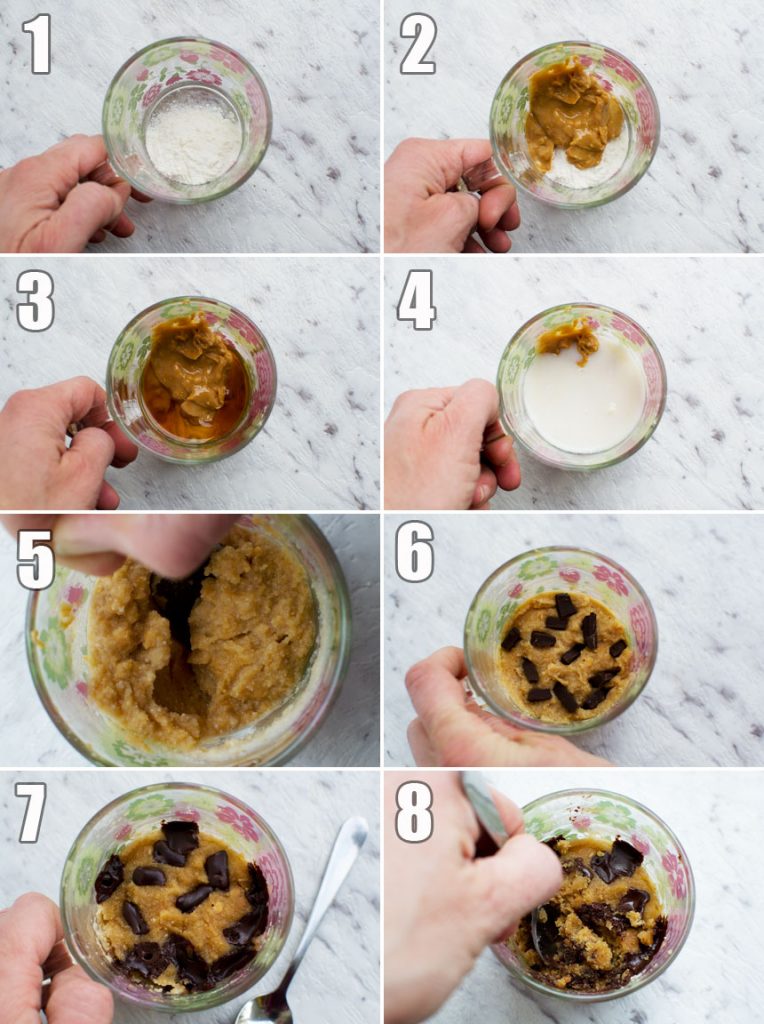 Making a 2-minute peanut butter healthy mug cake step-by-step