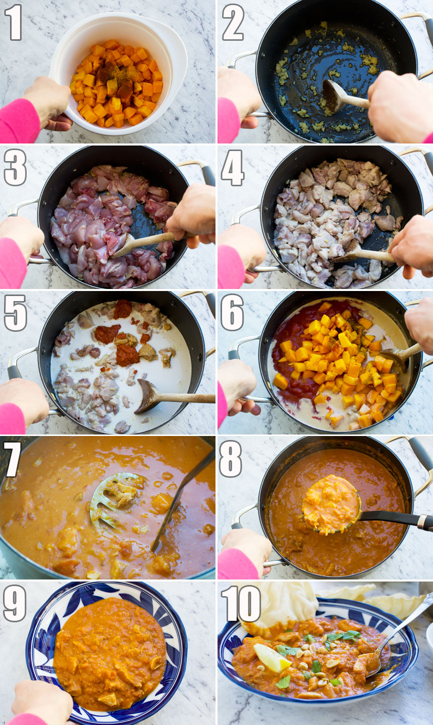 A collage of photos showing how to make a Thai chicken and butternut curry step-by-step