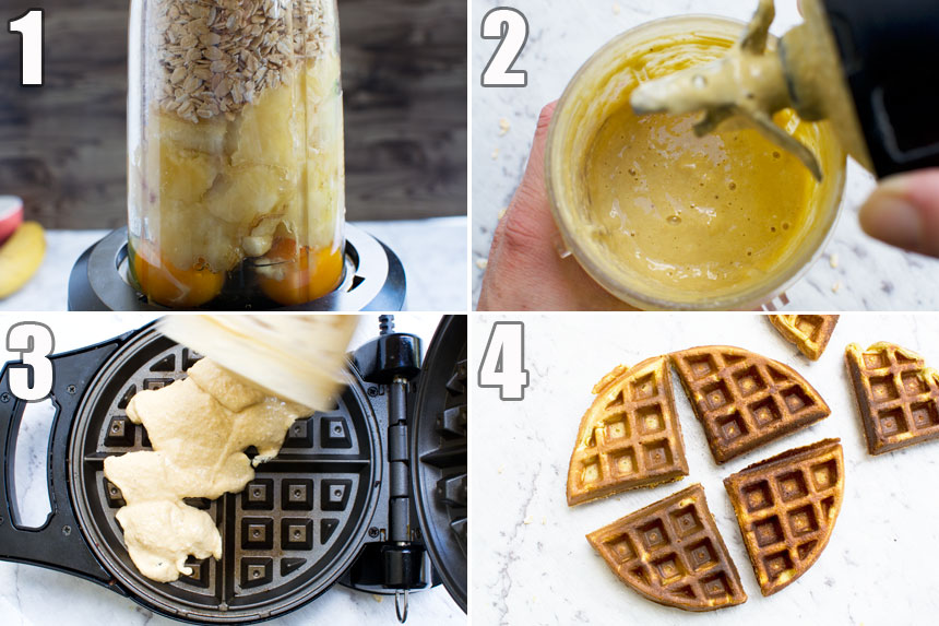 A collage of 4 photos showing how to make banana bread waffles in a blender with just bananas, oats and eggs