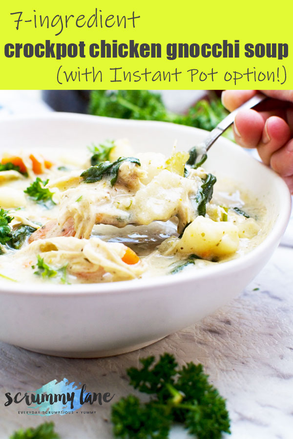 Someone eating from a bowl of crockpot chicken gnocchi soup (Pinterest image)