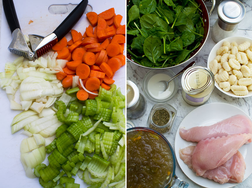 2 images showing the ingredients for crockpot chicken gnocchi soup