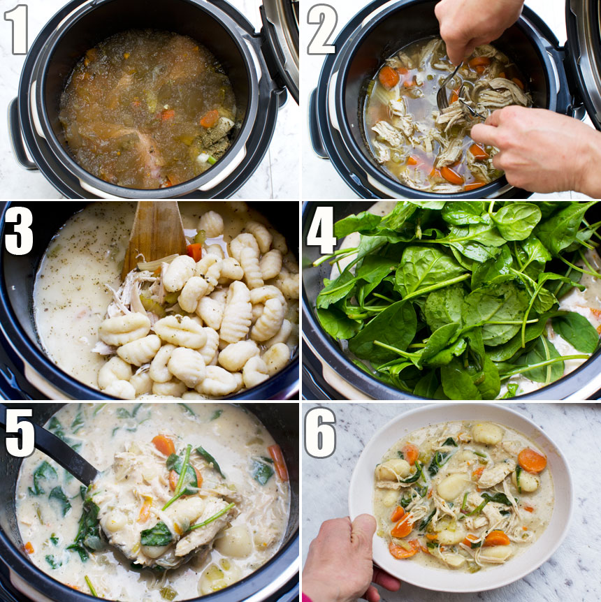 6 images showing how to make crockpot chicken gnocchi soup