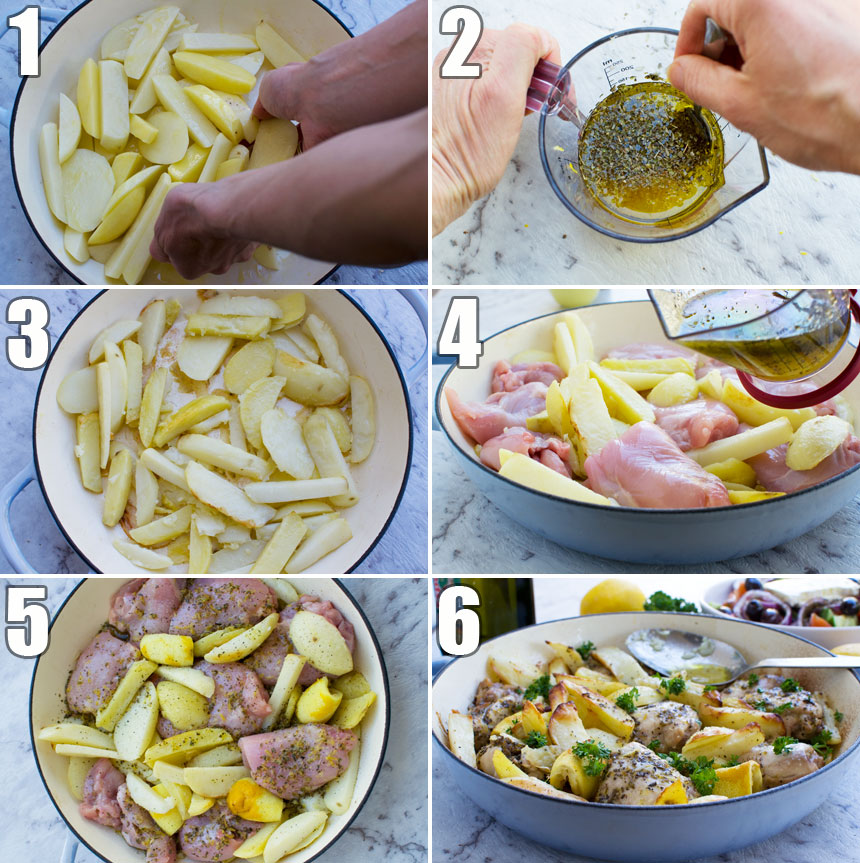 A collage of 6 photos showing how to make roasted Greek chicken and potatoes