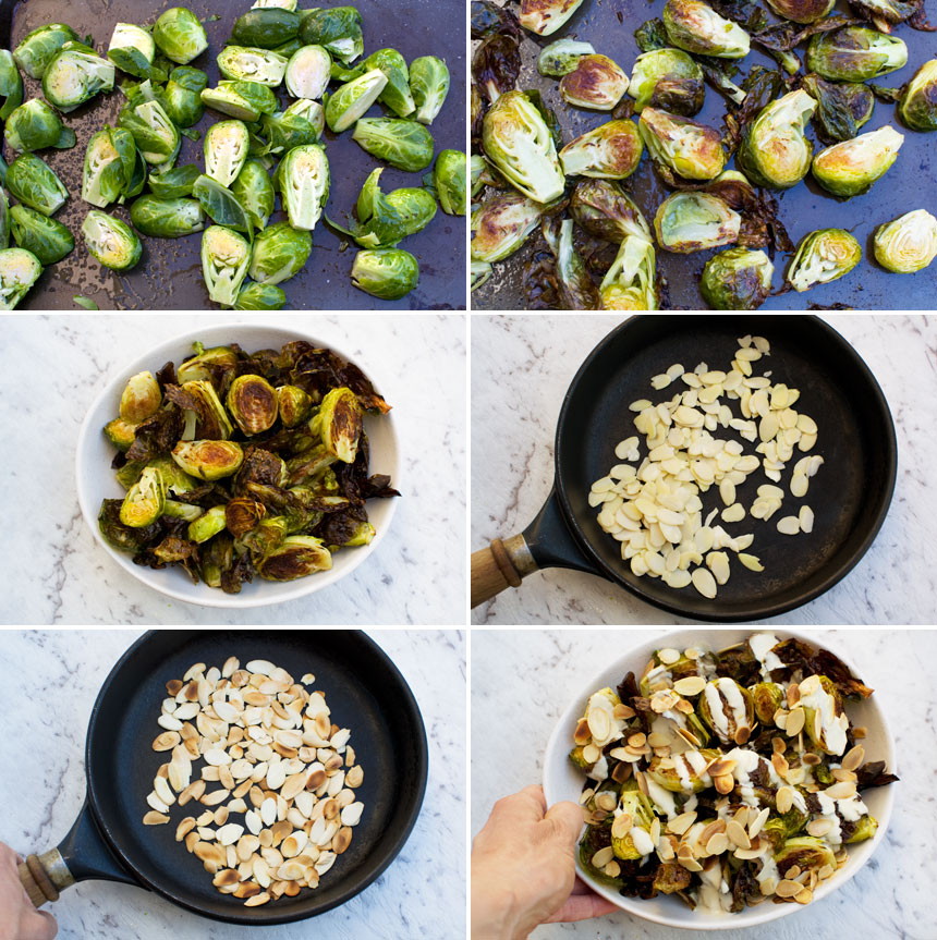 A set of 6 photos showing how to make crispy brussels sprouts with tahini sauce and almonds