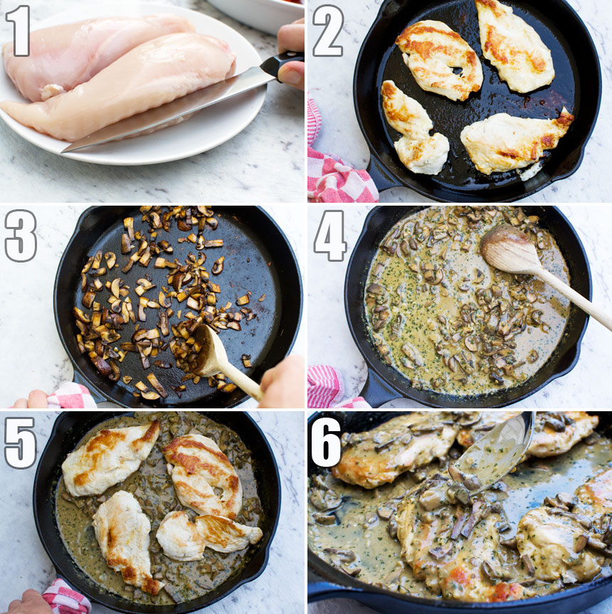 A collage of six photos showing how to make creamy pesto chicken in a cast iron pan