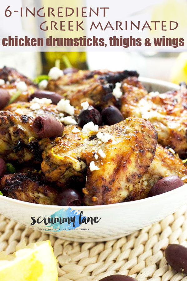 A bowl of Greek marinated chicken wings with feta and olives