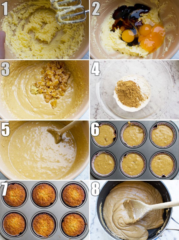 A series of 8 process photos showing how to make gingerbread muffins with salted caramel icins