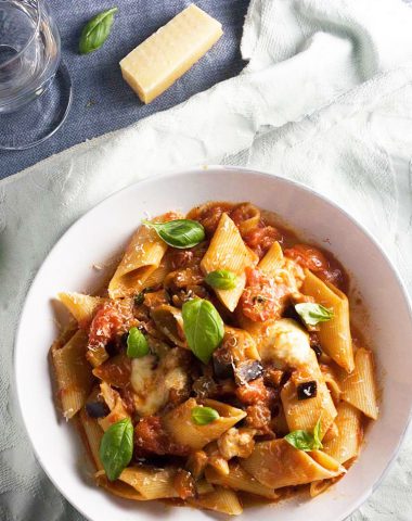 A bowl of pasta alla norma or tomato and eggplant pasta