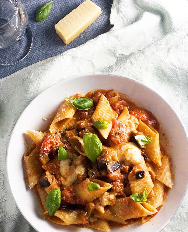A bowl of pasta alla norma or tomato and eggplant pasta
