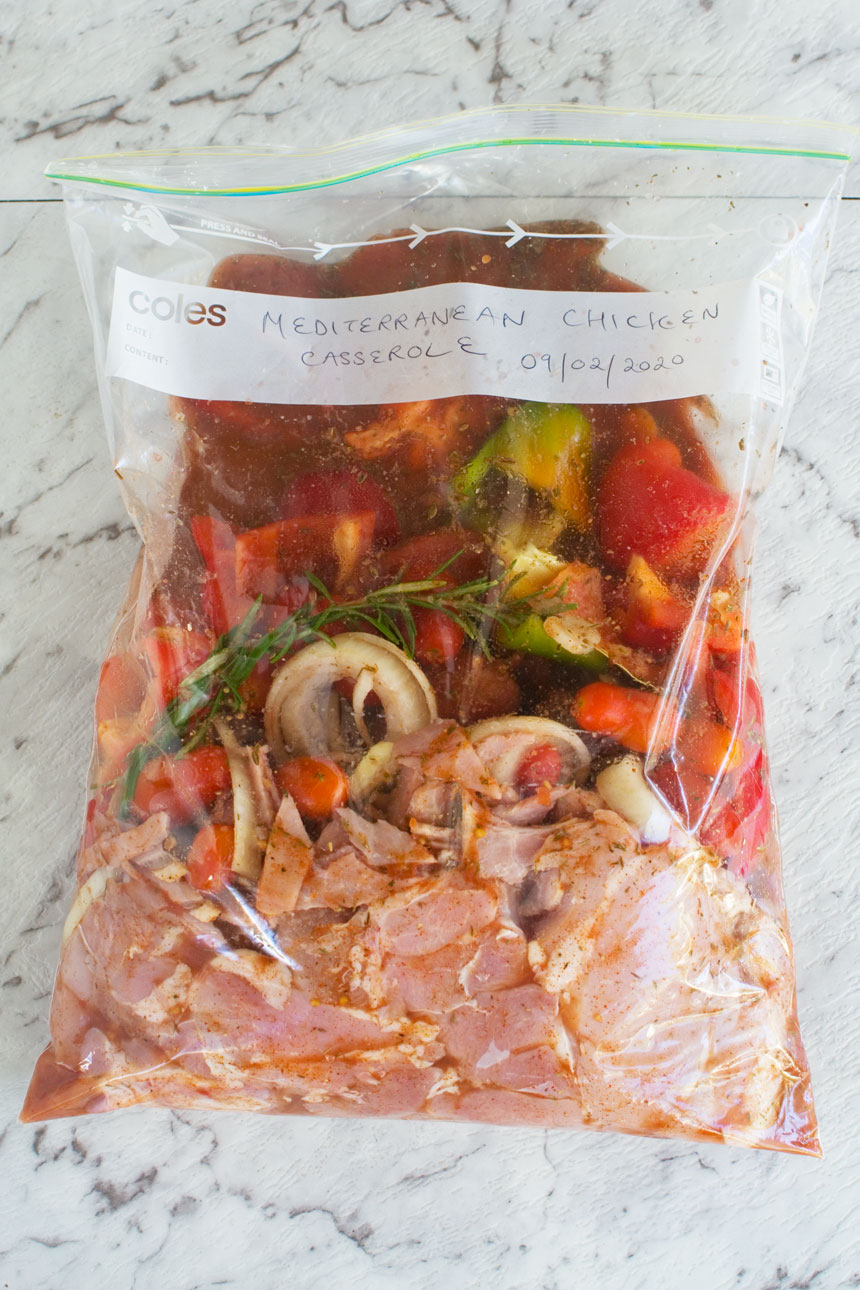 A freezer bag of Mediterranean stove top chicken casserole ready to cook