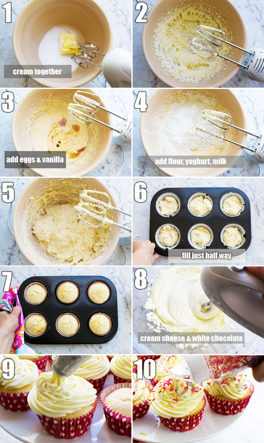 A series of photos to show how to make healthier vanilla cupcakes with 2-ingredient frosting