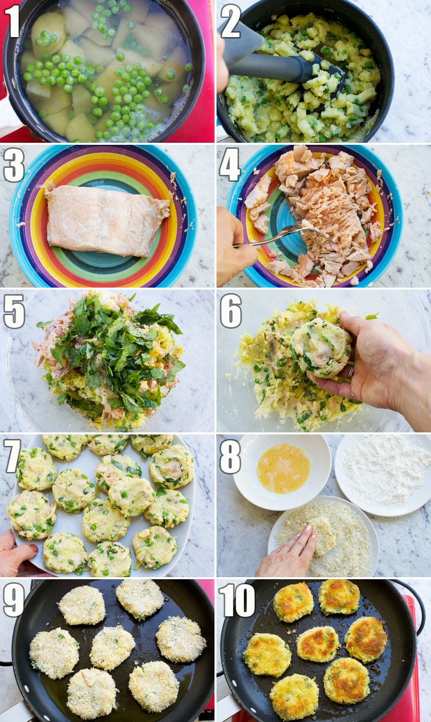 A series of 10 small photos showing how to make crispy salmon fish cakes