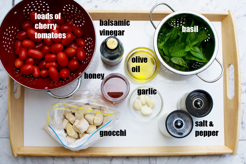 Ingredients for pan fried gnocchi with cherry tomato sauce