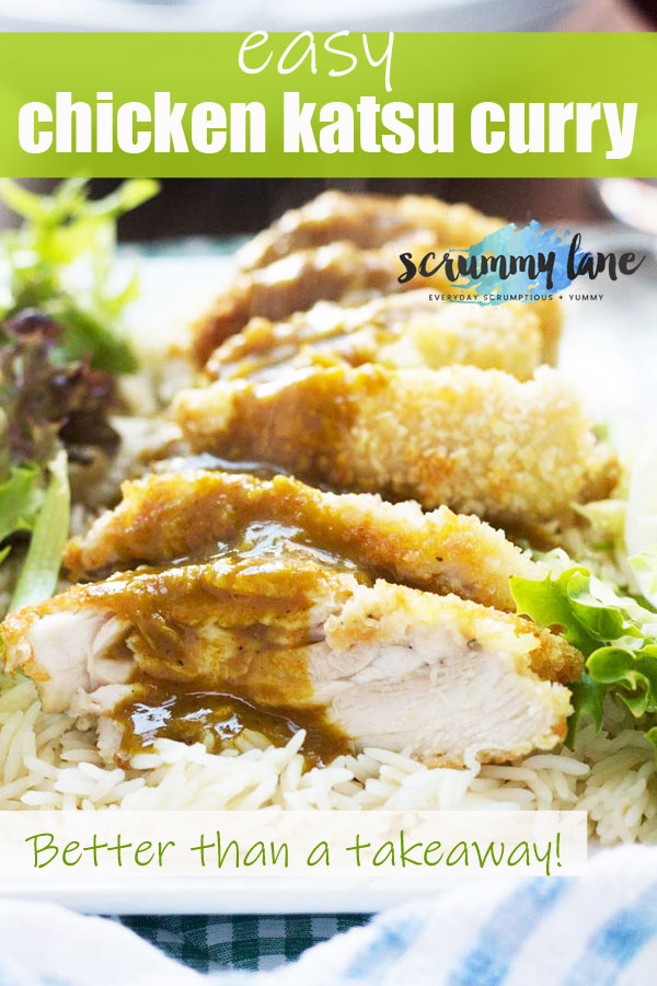 Pinterest image showing a plate of crispy chicken katsu curry with rice and lettuce leaves