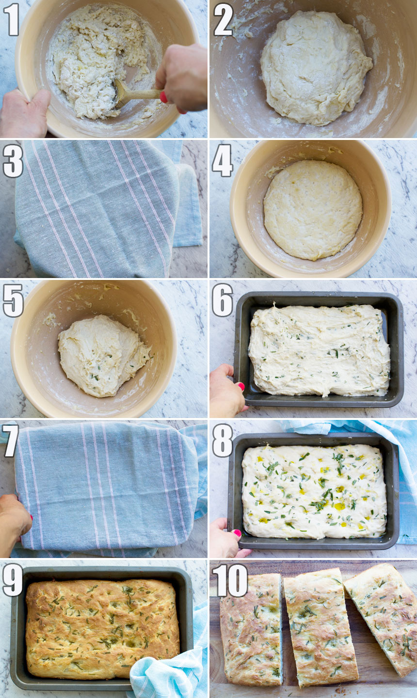 A collage of process shots showing how to make Italian focaccia bread