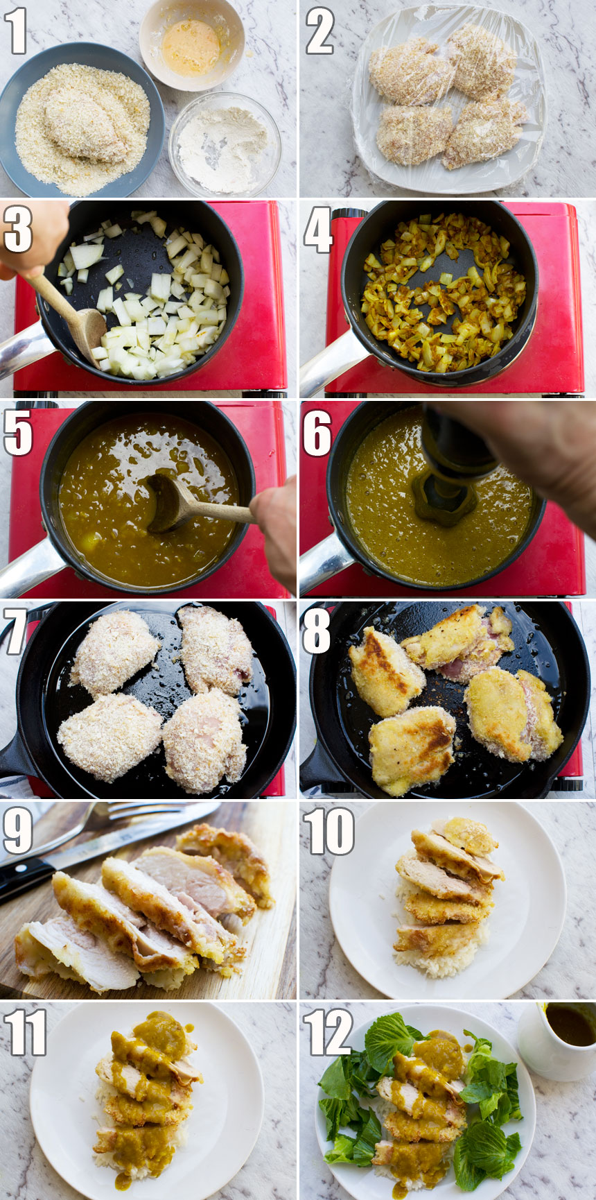 A series of 12 process photos showing how to make a chicken katsu curry