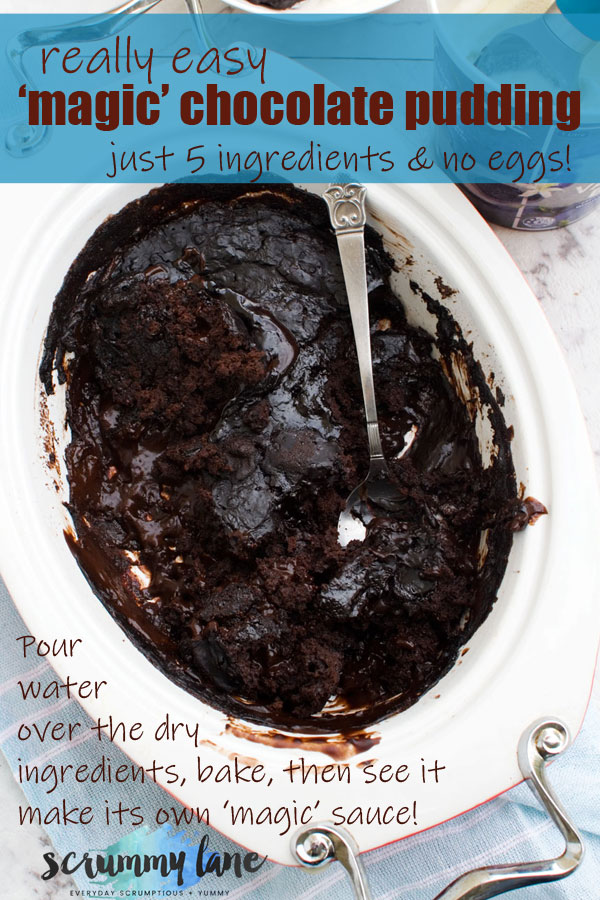 A Pinterest image of a chocolate self saucing pudding with a spoon in it from above