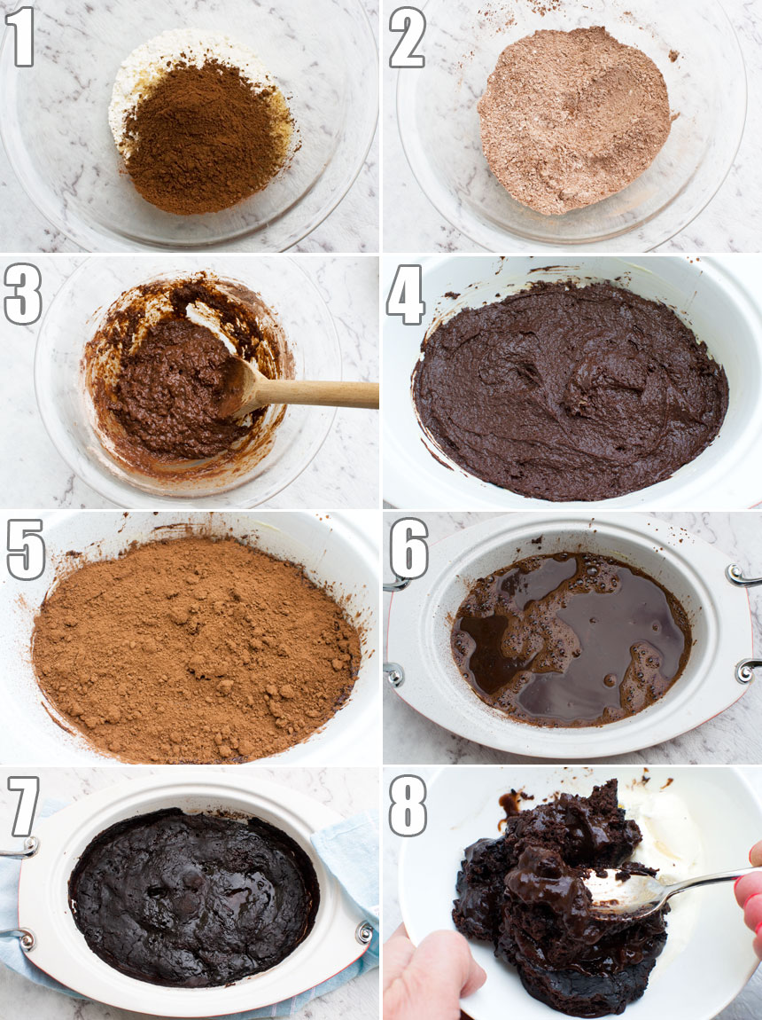 A collage of photos showing how to make an easy chocolate self saucing pudding