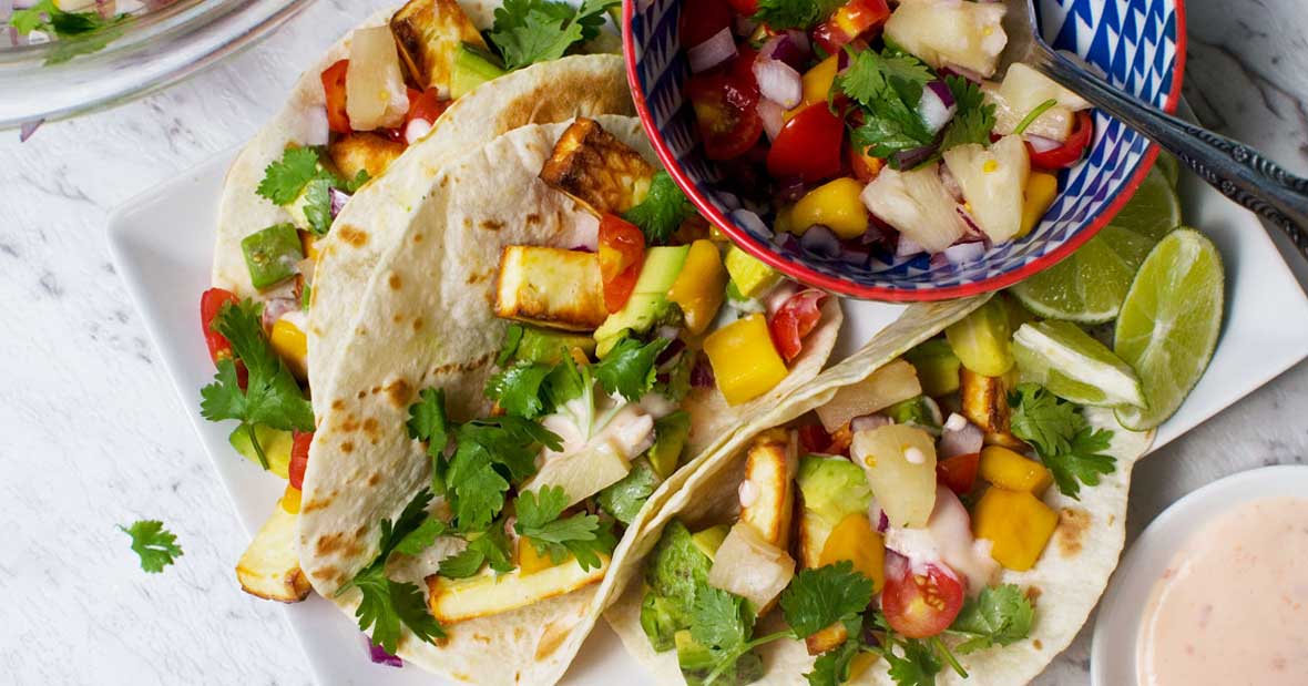 Halloumi tacos with pineapple mango salsa
