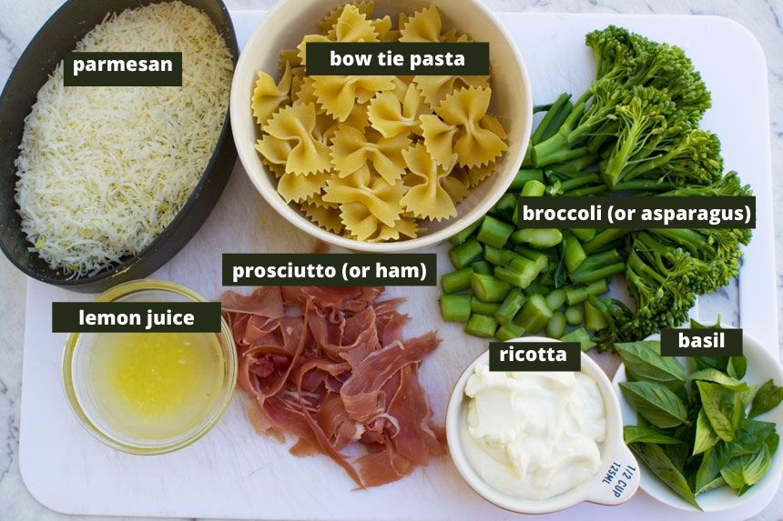 Labelled ingredients for lemon ricotta pasta