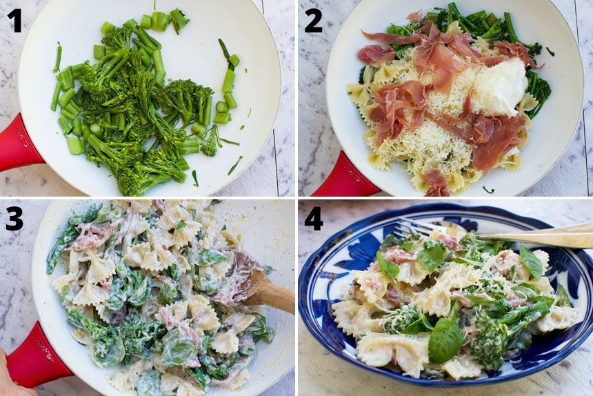 A series of photos showing how to make lemon ricotta pasta with prosciutto and broccoli