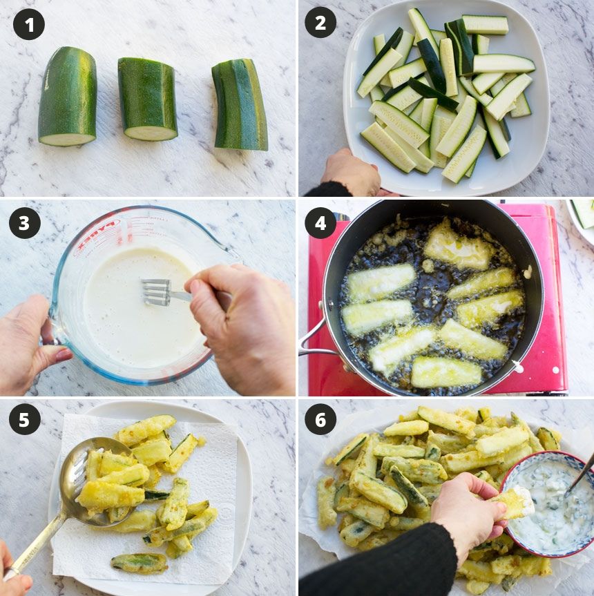 A collage of photos showing how to make zucchini fries with crispy tempura batter