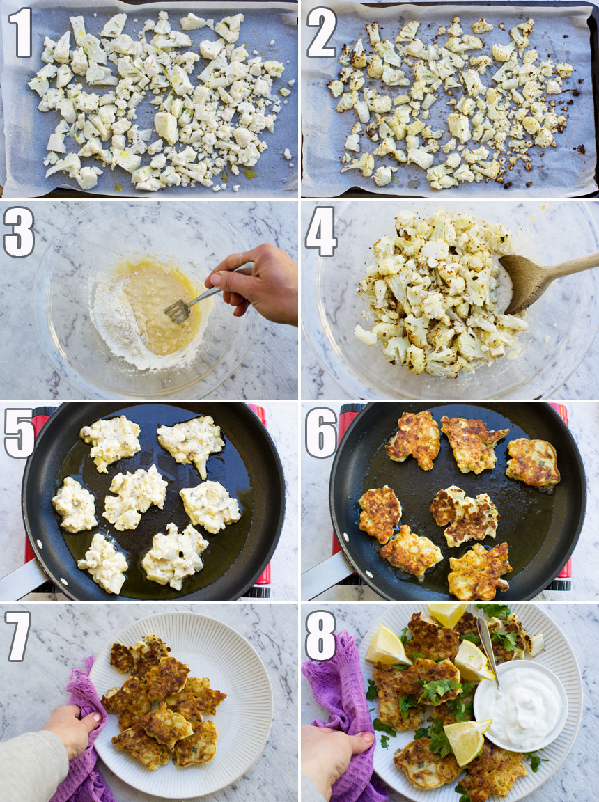 8 process photos showing how to make cauliflower fritters