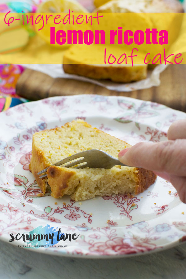A Pinterest image of someone eating a slice of ricotta lemon loaf cake with a fork