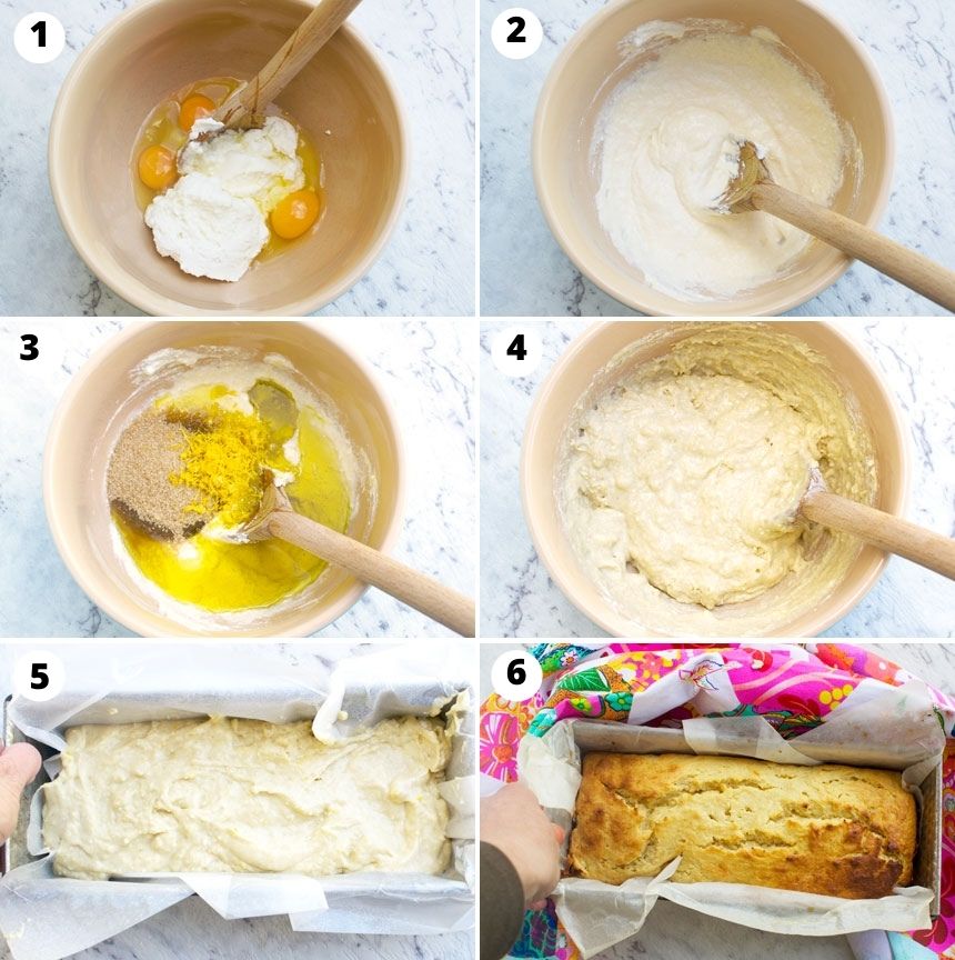 6 process shots showing how to make a ricotta lemon loaf cake