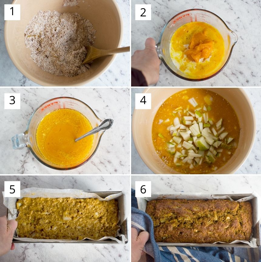 6 photos showing how to make a healthy pumpkin pear loaf cake