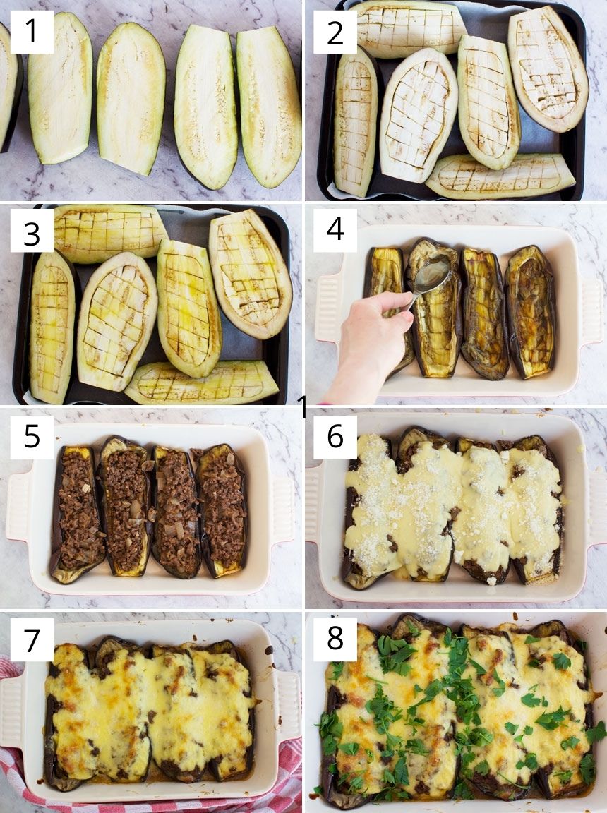 A collage of 8 photos showing how to make Greek stuffed eggplants or papoutsakia