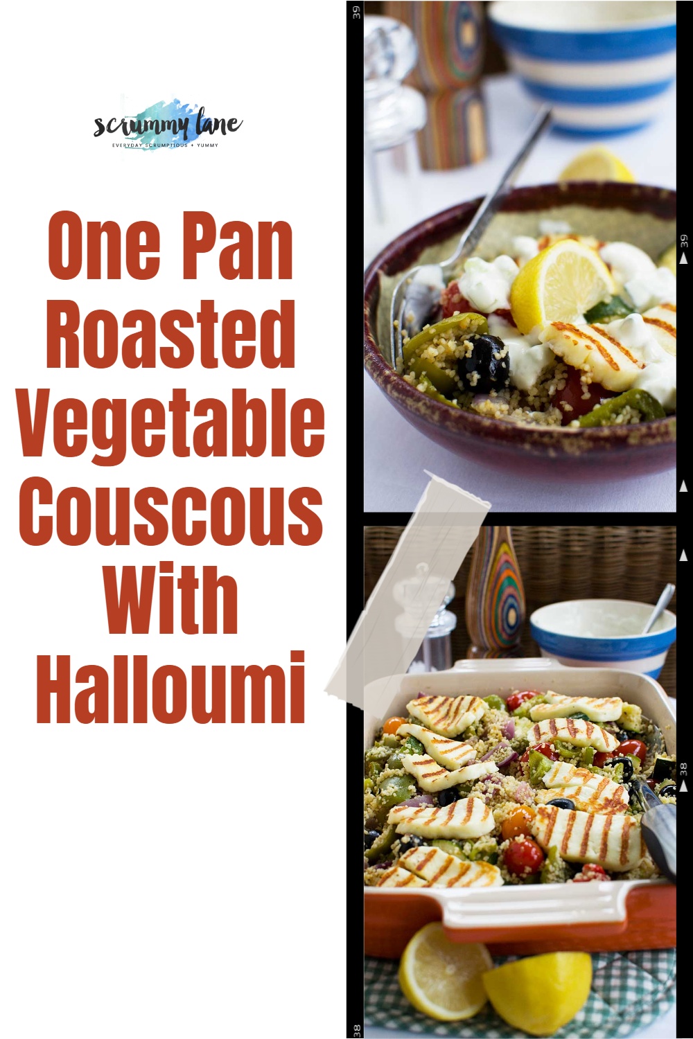 2 images of roasted vegetable couscous with crispy halloumi with a big title in red on the left side for Pinterest
