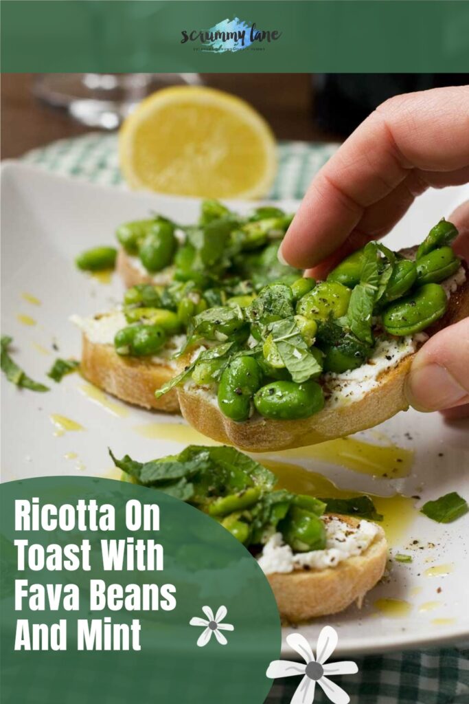 someone eating a piece of ricotta on toast with fava beans and mint from a plate of 3 with a title on it for Pinterest