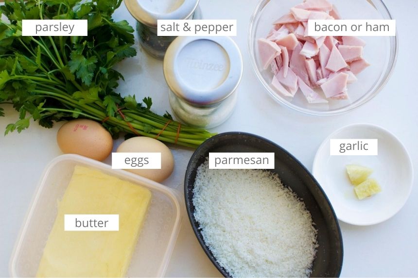 Ingredients for a classic pasta carbonara without cream