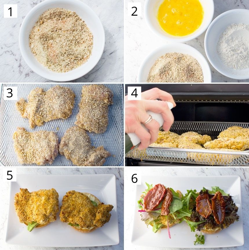 Collage of images showing how to make crispy chicken burgers