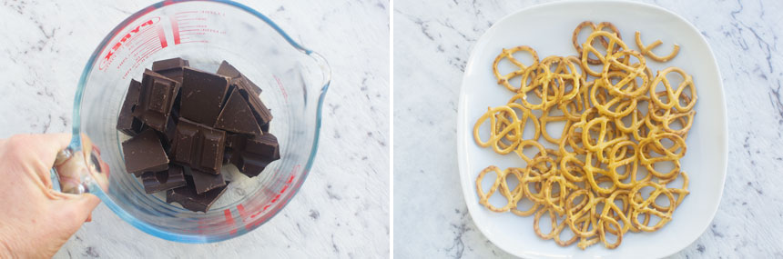 2 images showing chocolate pretzel ingredients