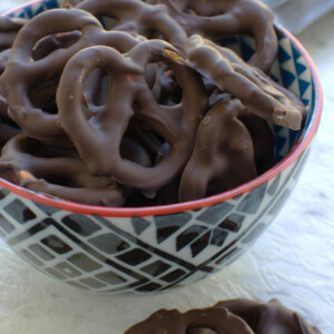 A bowl of homemade chocolate biscuits or chocolate pretzels