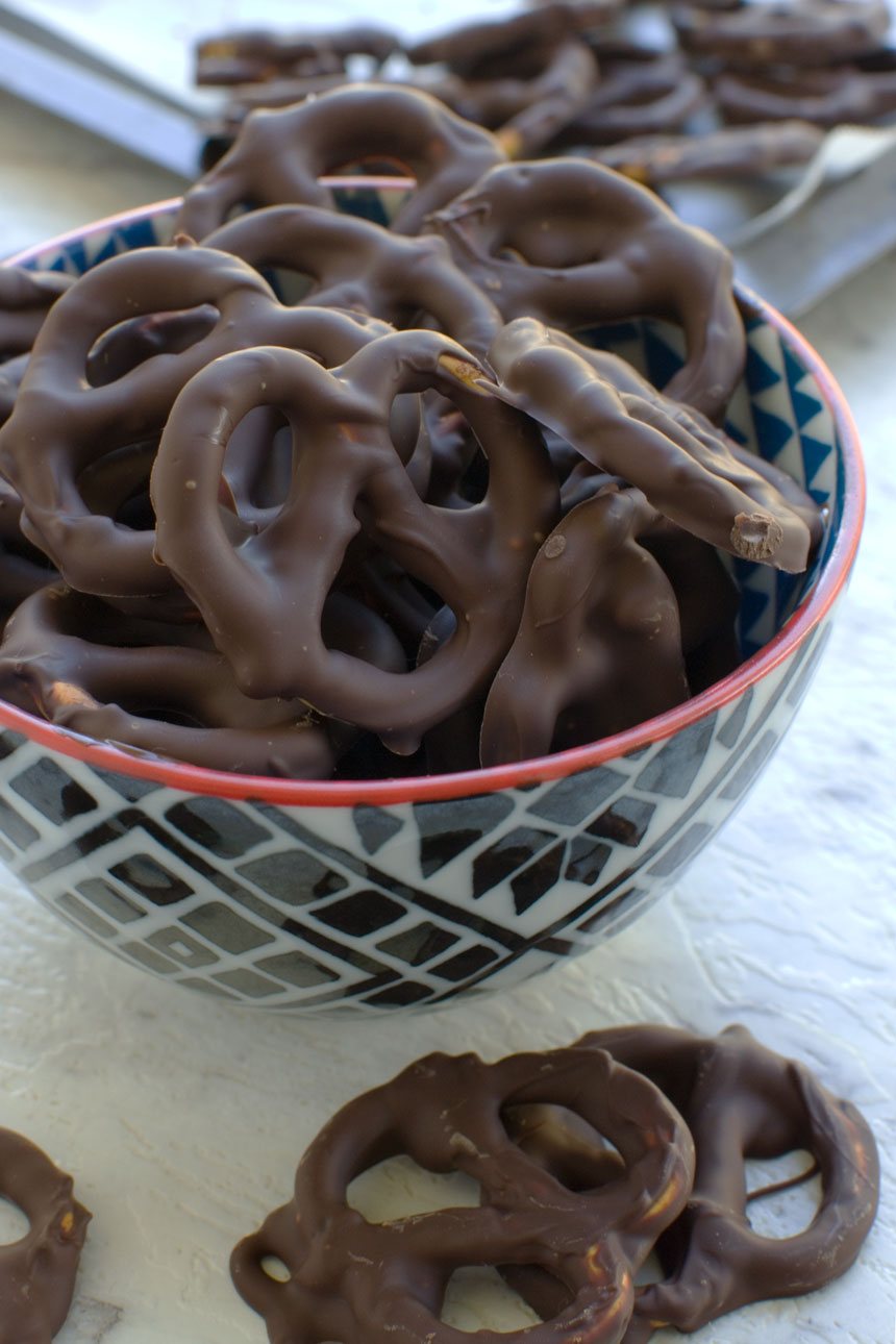 A bowl of homemade chocolate biscuits or chocolate pretzels