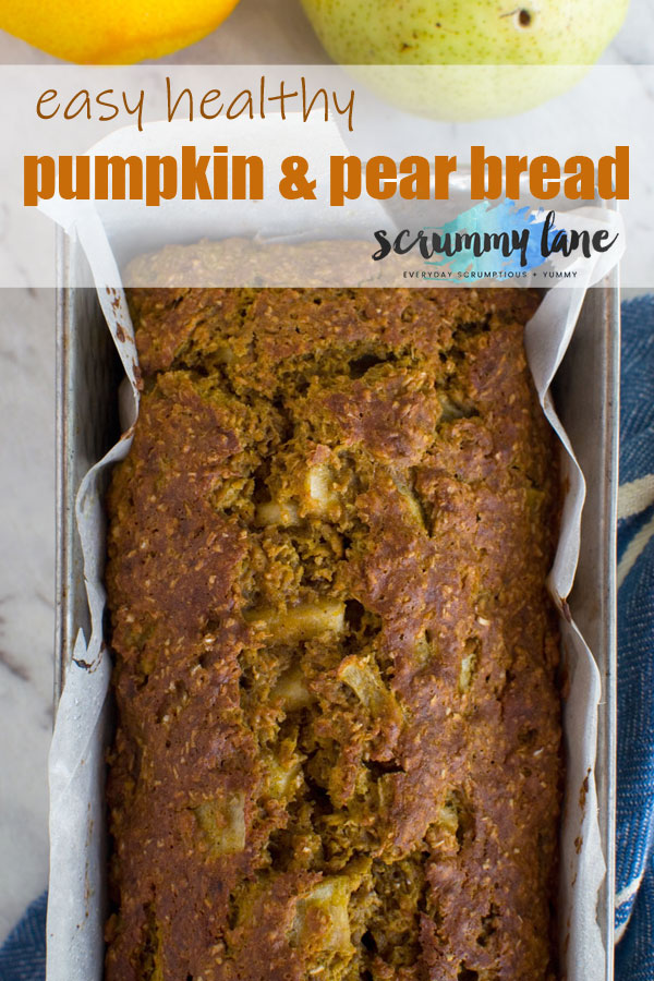 A Pinterest image of a pumpkin and pear loaf cake in a loaf pan from above