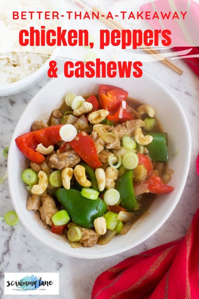 A Pinterest image of cashew chicken stir-fry from above with chopsticks