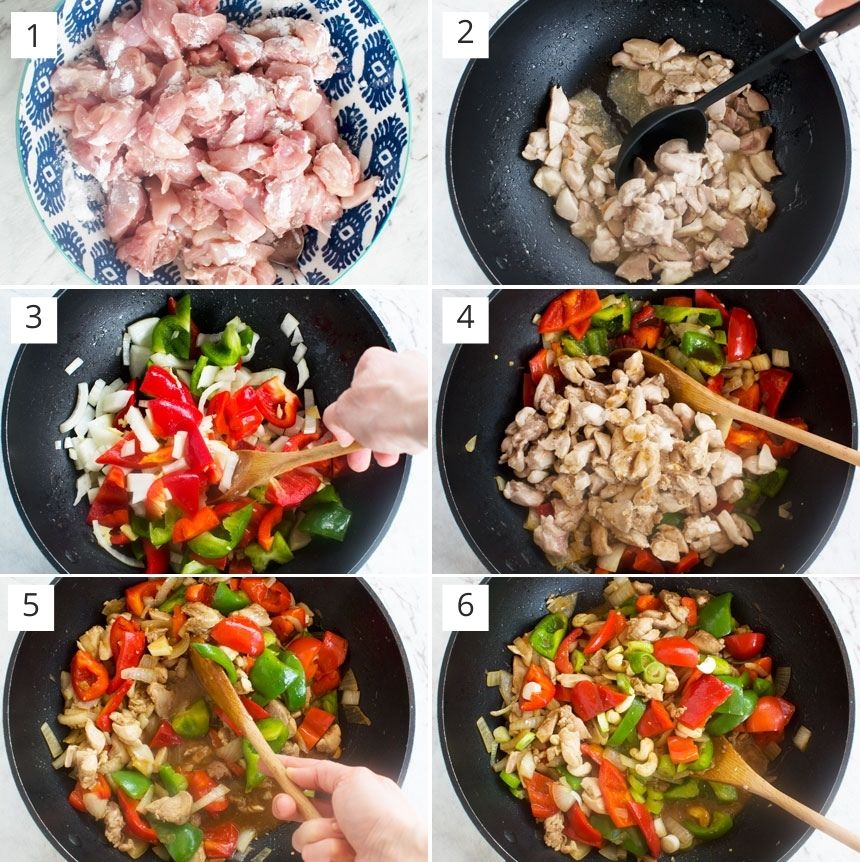 Collage of 6 photos showing how to make chicken and cashew nuts with peppers