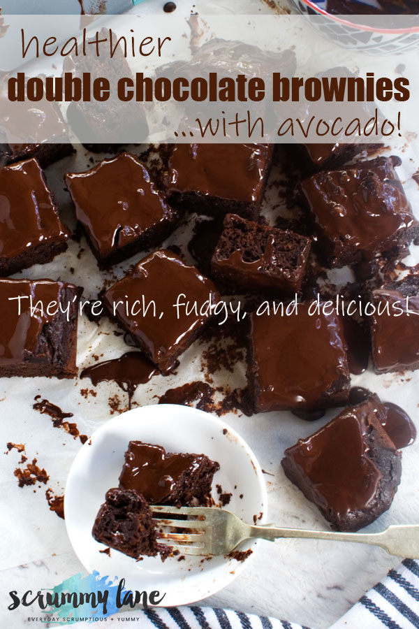 Pinterest pin showing double chocolate brownies with avocado from above