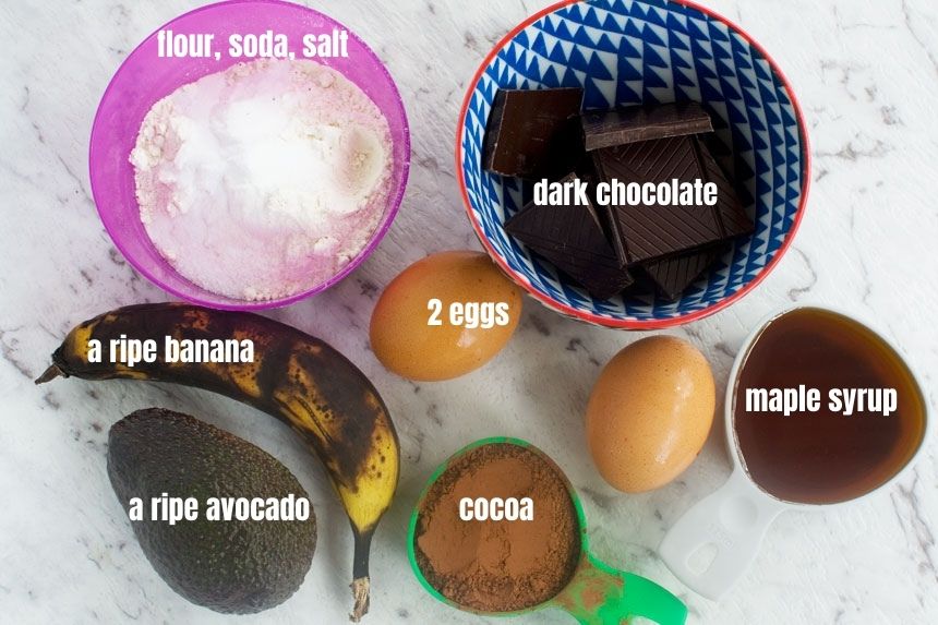 Ingredients to make chocolate avocado brownies