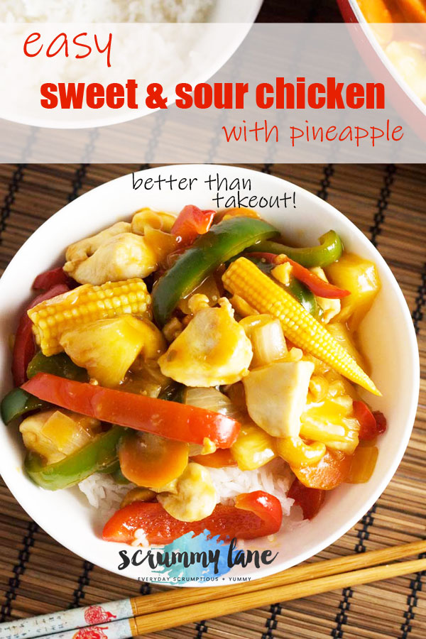 Pinterest image showing a bowl of sweet and sour chicken with pineapple from above